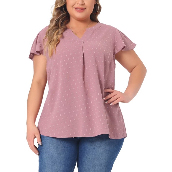 Plus Size Summer V Neck Ruffle Short Sleeve Swiss Dot Flowy Blouses | SIZE: 1X - Picture 1 of 8